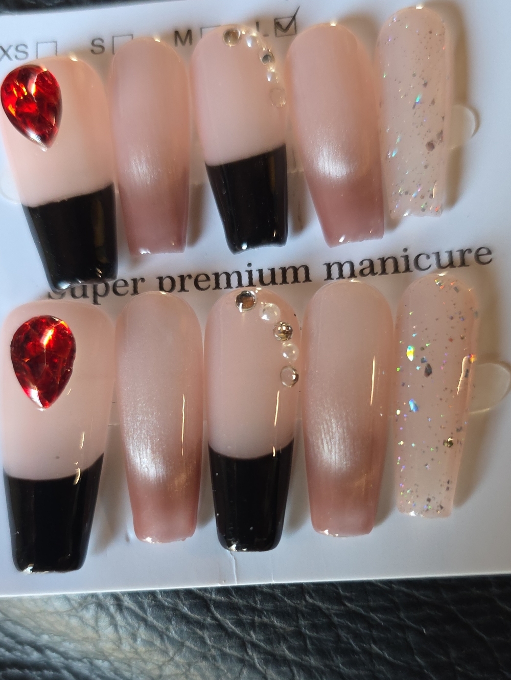 Premium Nude Pink & Black Press-On Nail Set with Sparkle Accents Size Large
